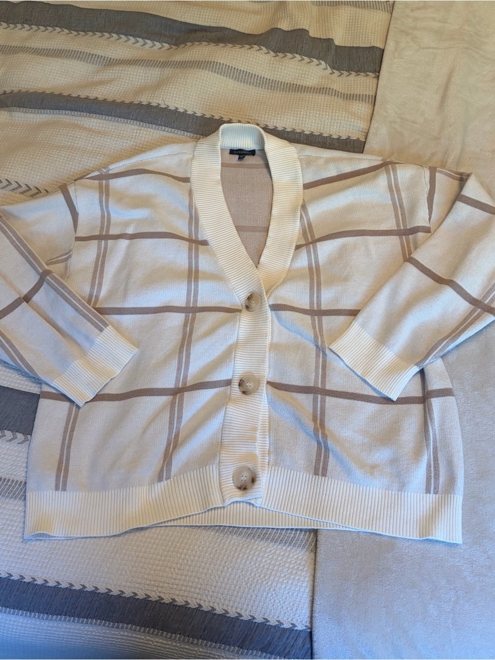 Dynamite Cream Cardigan with Tan Windowpane Plaid